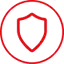 A red outline of a shield inside a red circle.