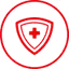 A red icon of a shield with a plus sign in the center, inside a circle.
