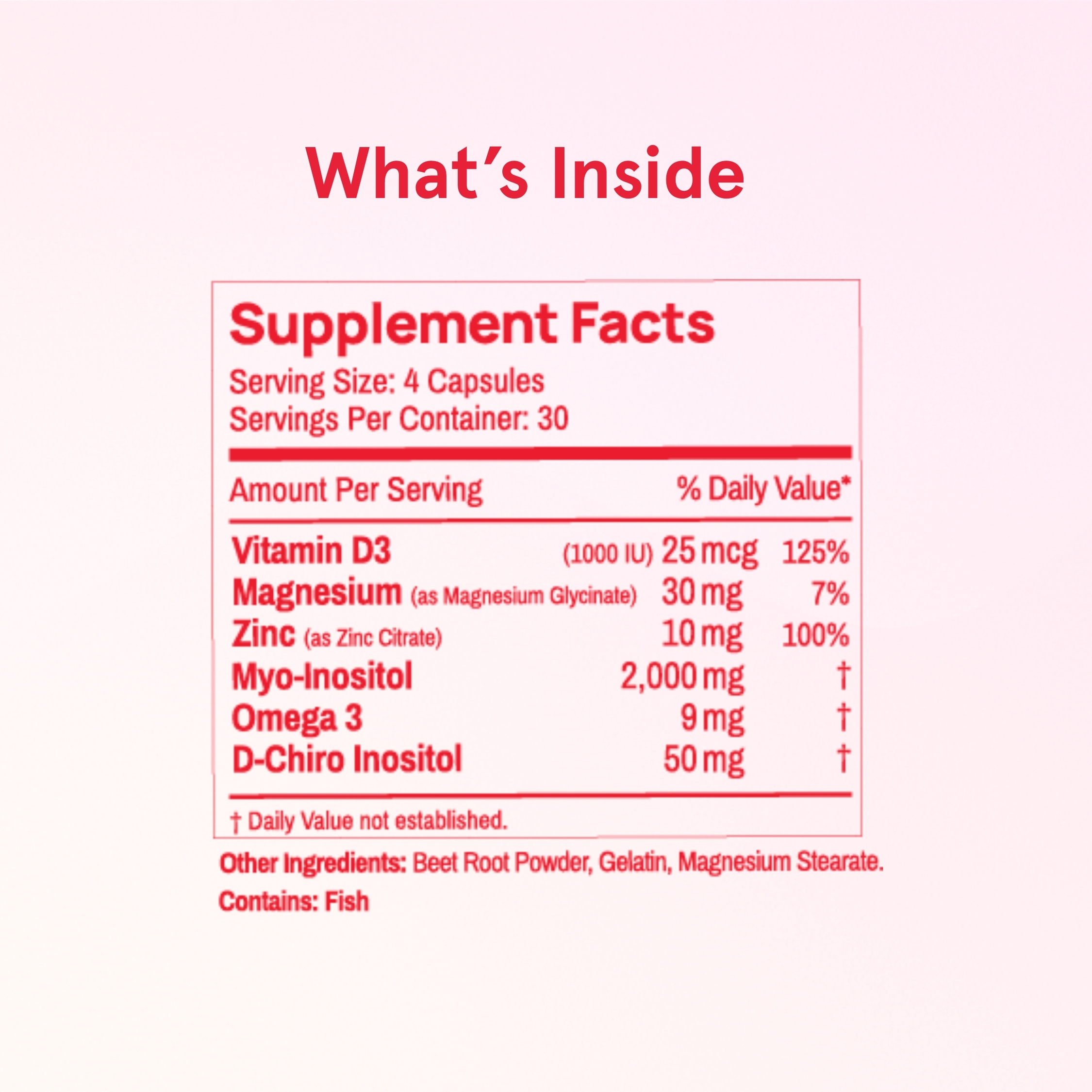 A supplement facts label listing ingredients like Vitamin D3, Magnesium, Zinc, and Inositol with their daily values.
