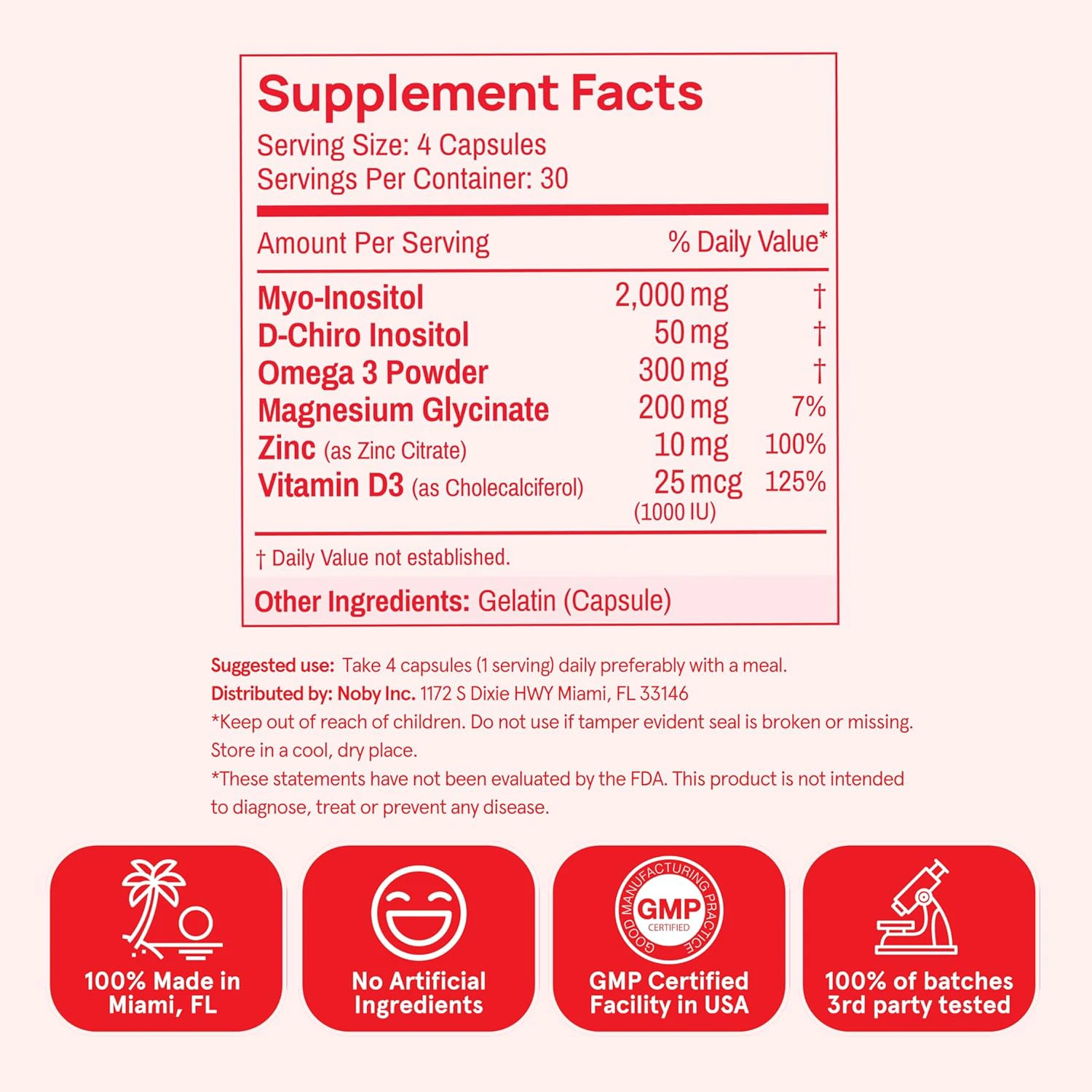 Supplement facts label listing ingredients, amounts per serving, and certifications like GMP and 3rd party tested.