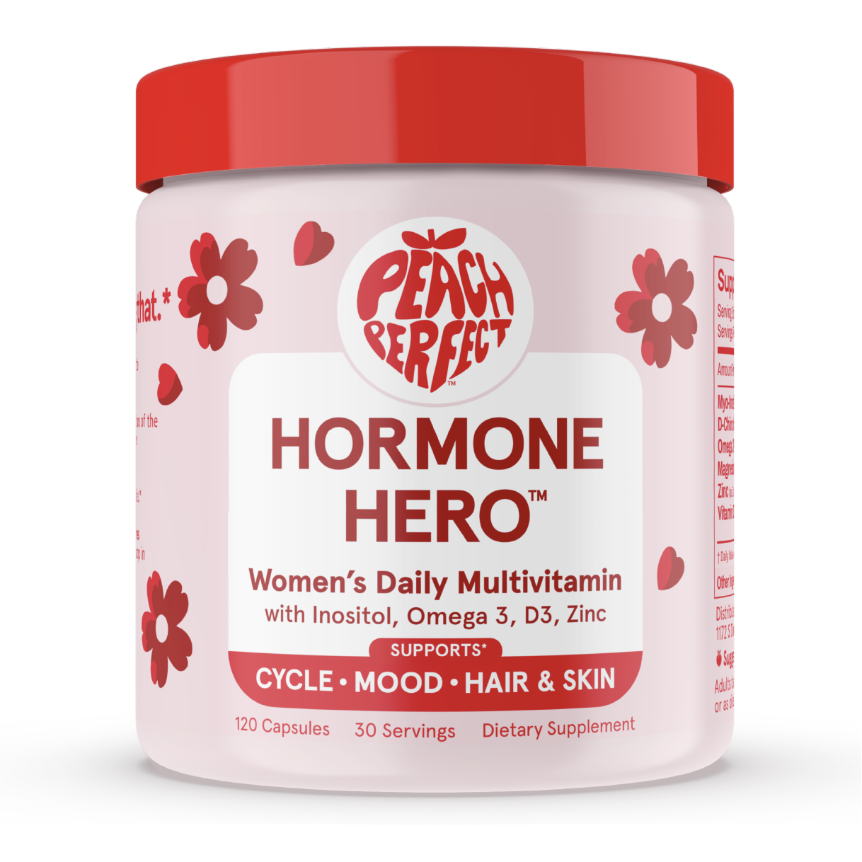A pink bottle of Peach Perfect Hormone Hero, a women's daily multivitamin, with a red lid.