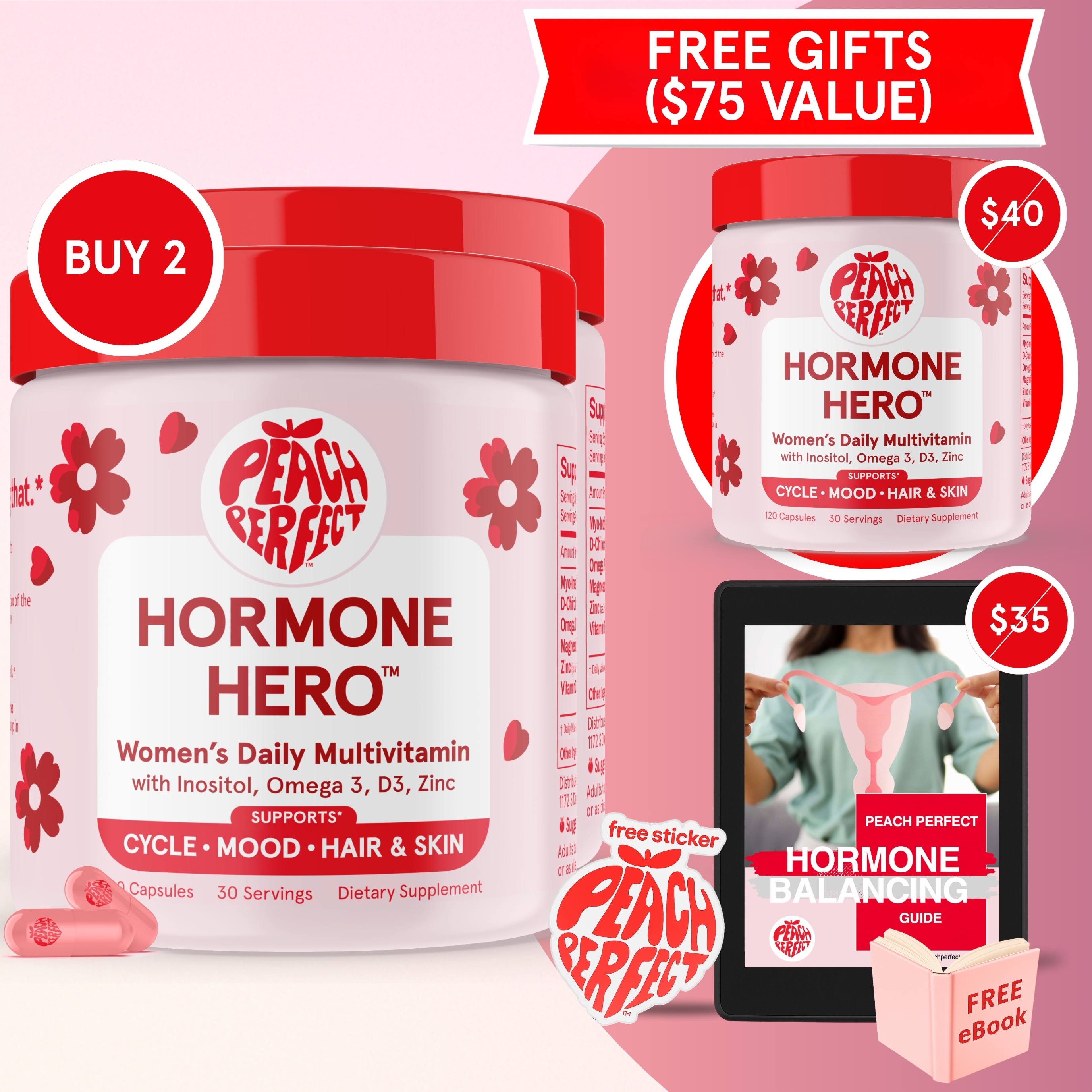 Image of women's daily multivitamins titled 'Hormone Hero' with promotional text and eBook offer.