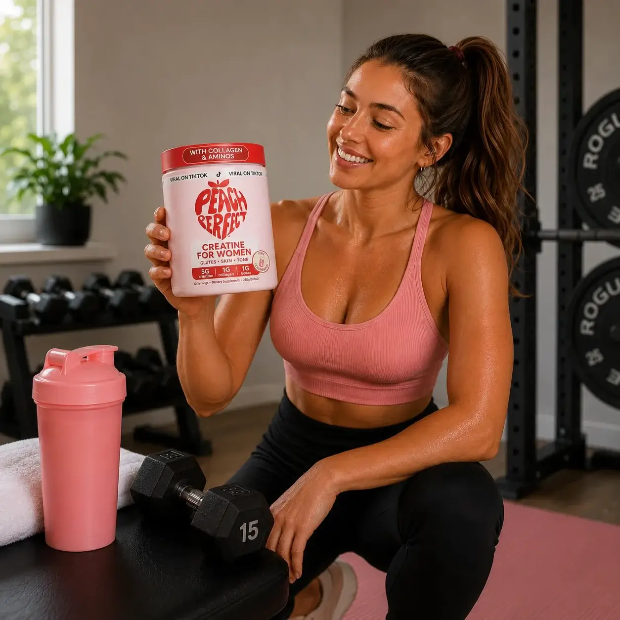 A woman in a gym holds a container of Peach Perfect creatine, with a dumbbell and shaker nearby.