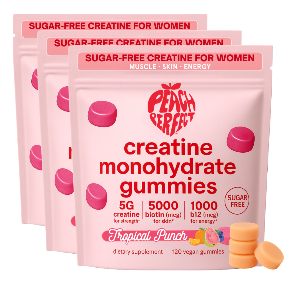 Three bags of creatine monohydrate gummies with tropical punch flavor.