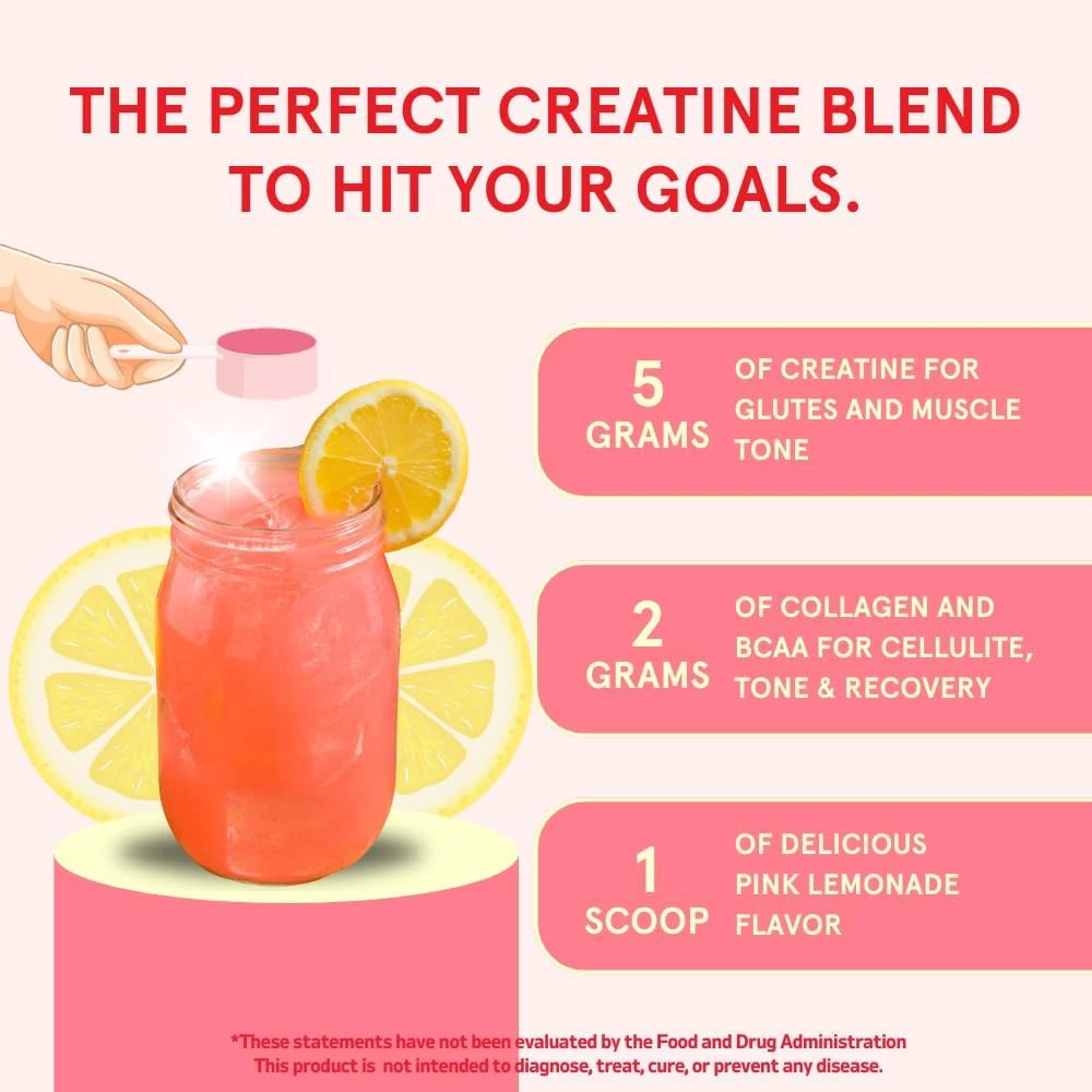An infographic advertising a pink lemonade creatine supplement, showing the ingredients and a prepared glass of it.
