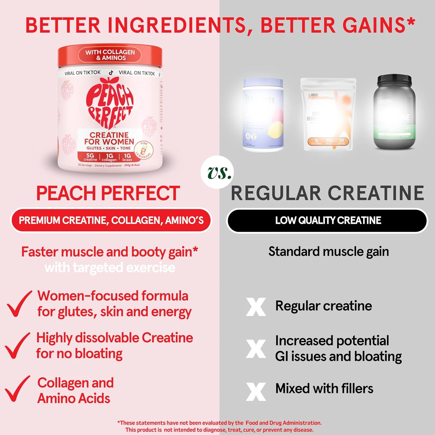 An advertisement comparing Peach Perfect creatine supplement for women to regular creatine, highlighting features and benefits.