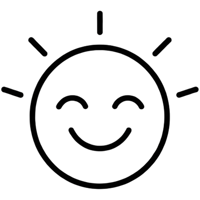 A black line icon of a smiling sun with closed, happy eyes on a white background.
