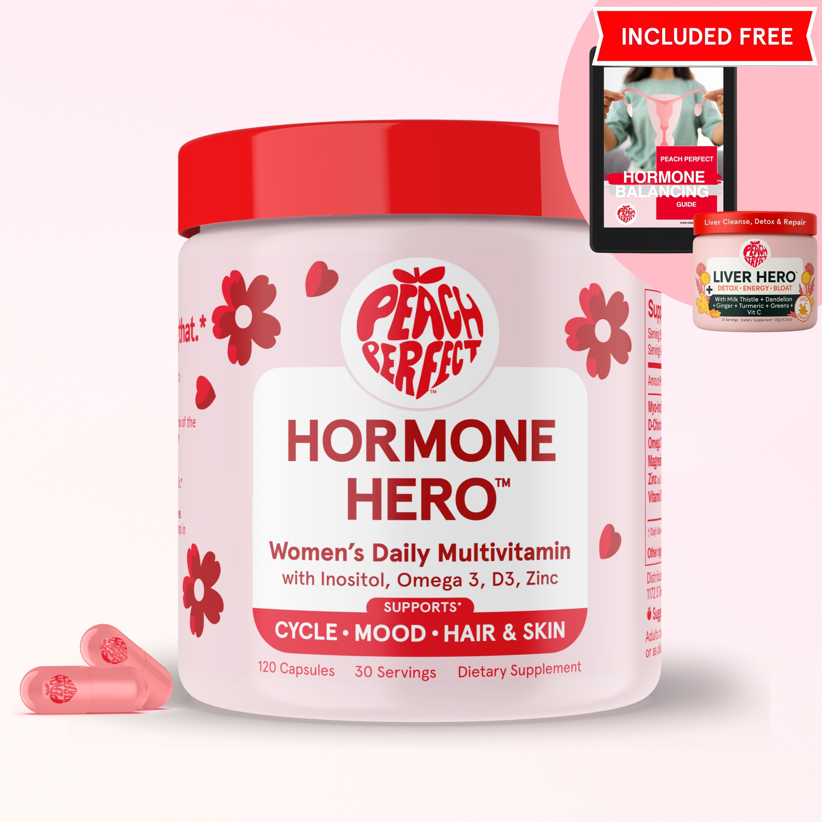 A bottle of Peach Perfect Hormone Hero women's multivitamin with two capsules and a free bonus offer.