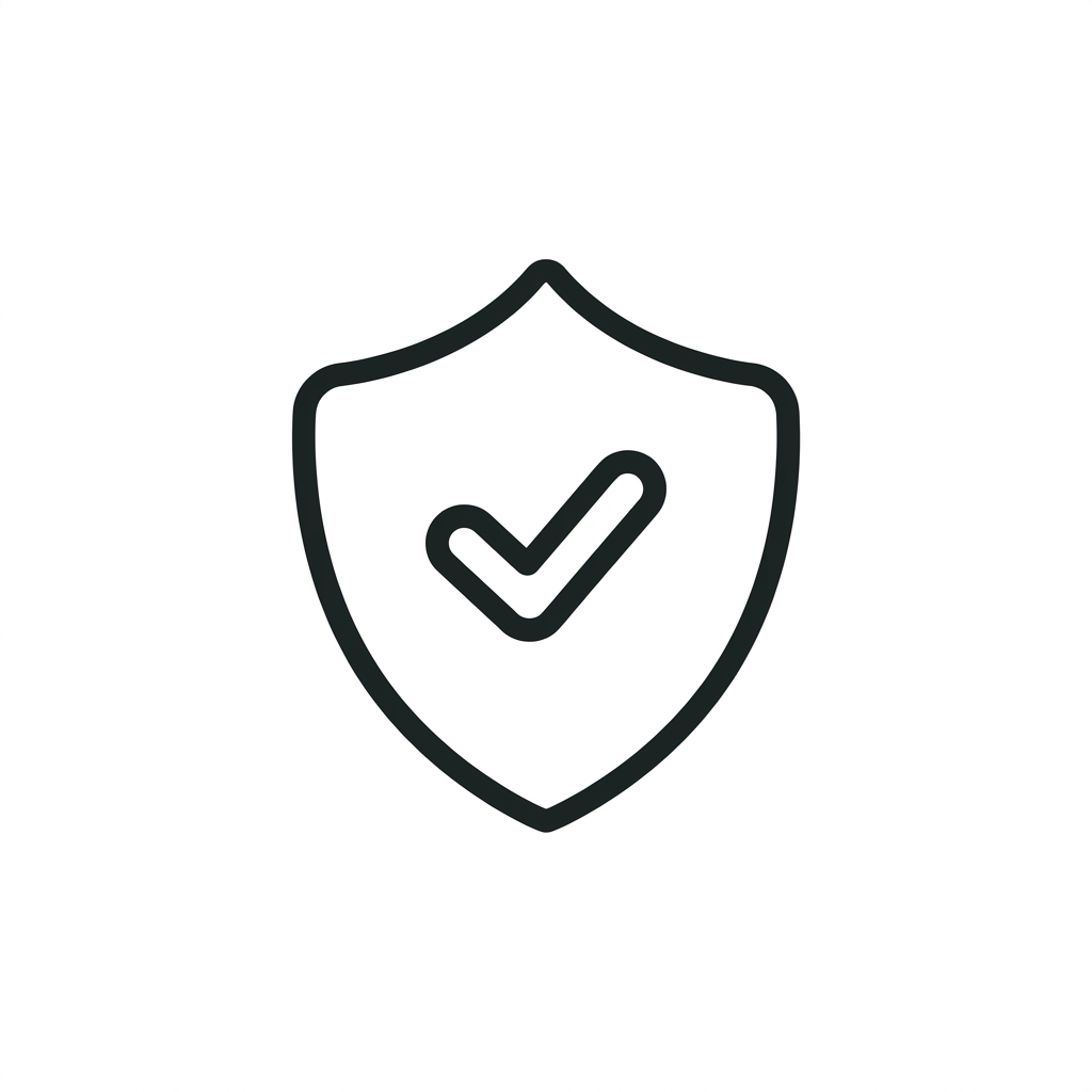 A black outline of a shield with a checkmark in the center on a white background.