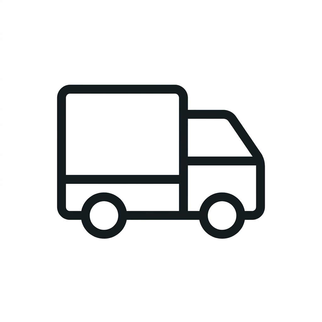 A black line icon of a delivery truck on a white background.
