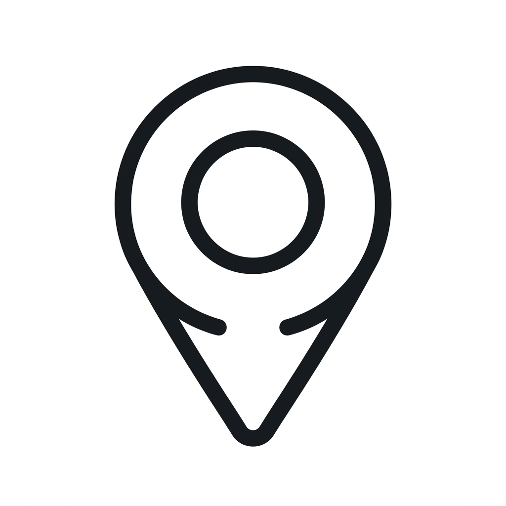 A black outline icon of a map location pin against a white background.