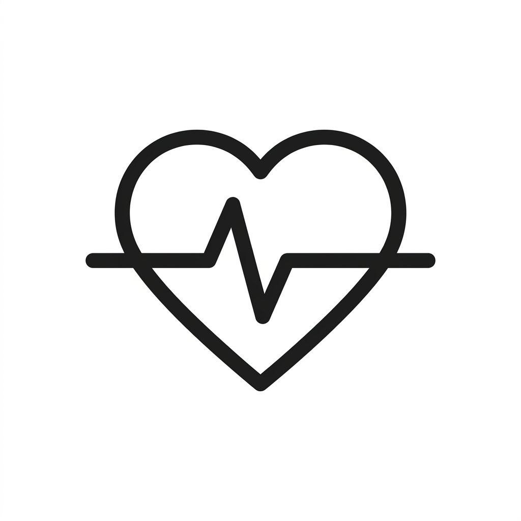 A black line icon of a heart with a heartbeat line running through it on a white background.