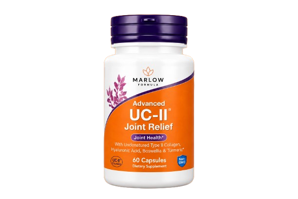 A white bottle of Marlow Formula Advanced UC-II Joint Relief, a dietary supplement with 60 capsules.