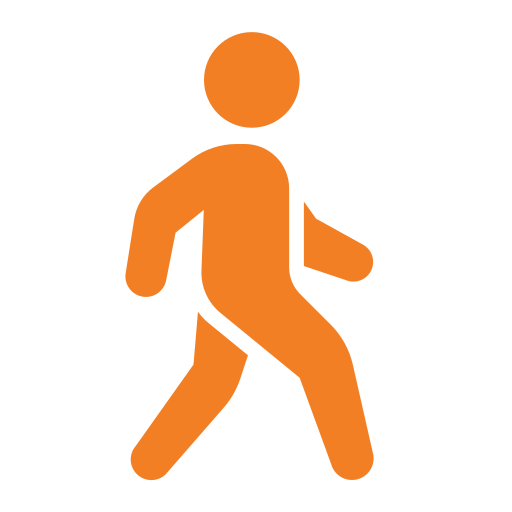 An orange icon of a stylized person walking.