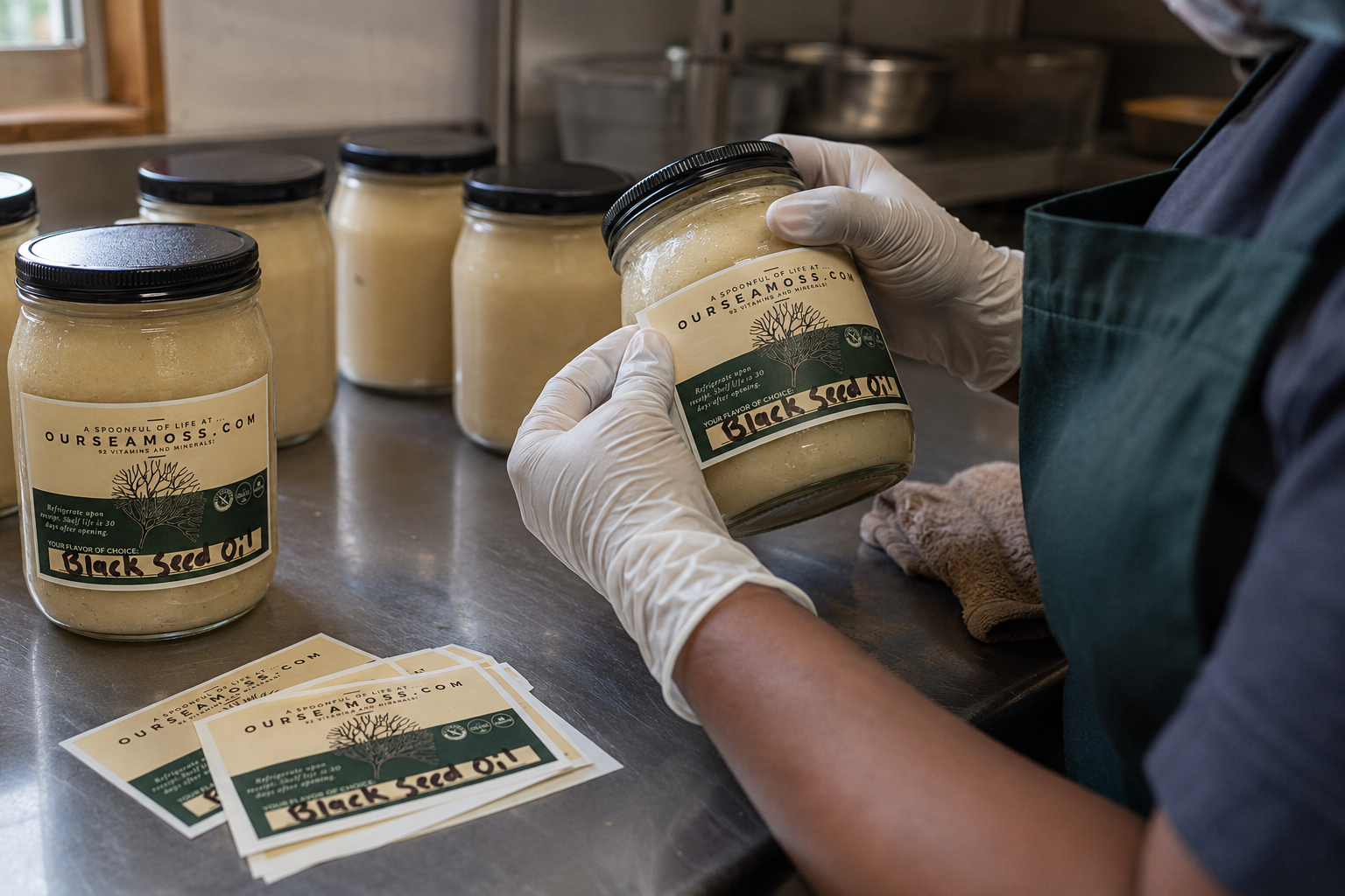 Black Seed Oil labels being finished by hand