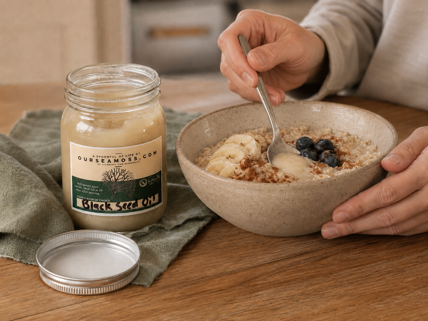 OurSeamoss gel being stirred into oatmeal