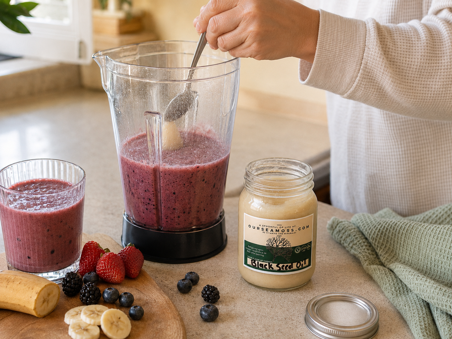 OurSeamoss gel being added to a berry smoothie