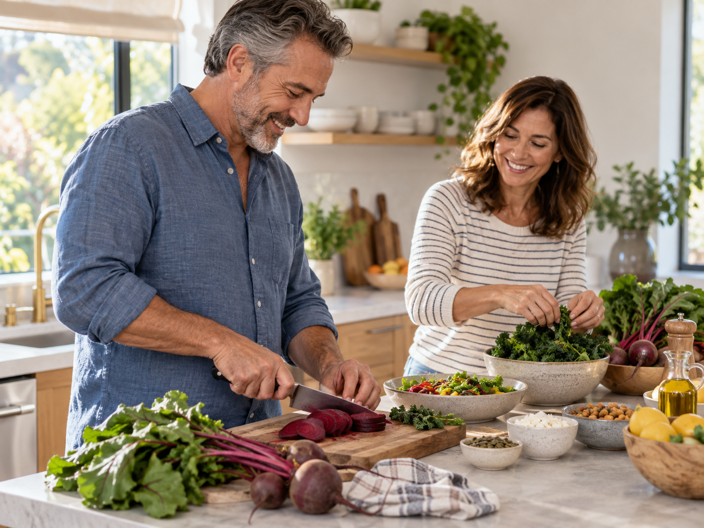 A smiling man and woman prepare a meal together with fresh vegetables in a bright, modern kitchen.