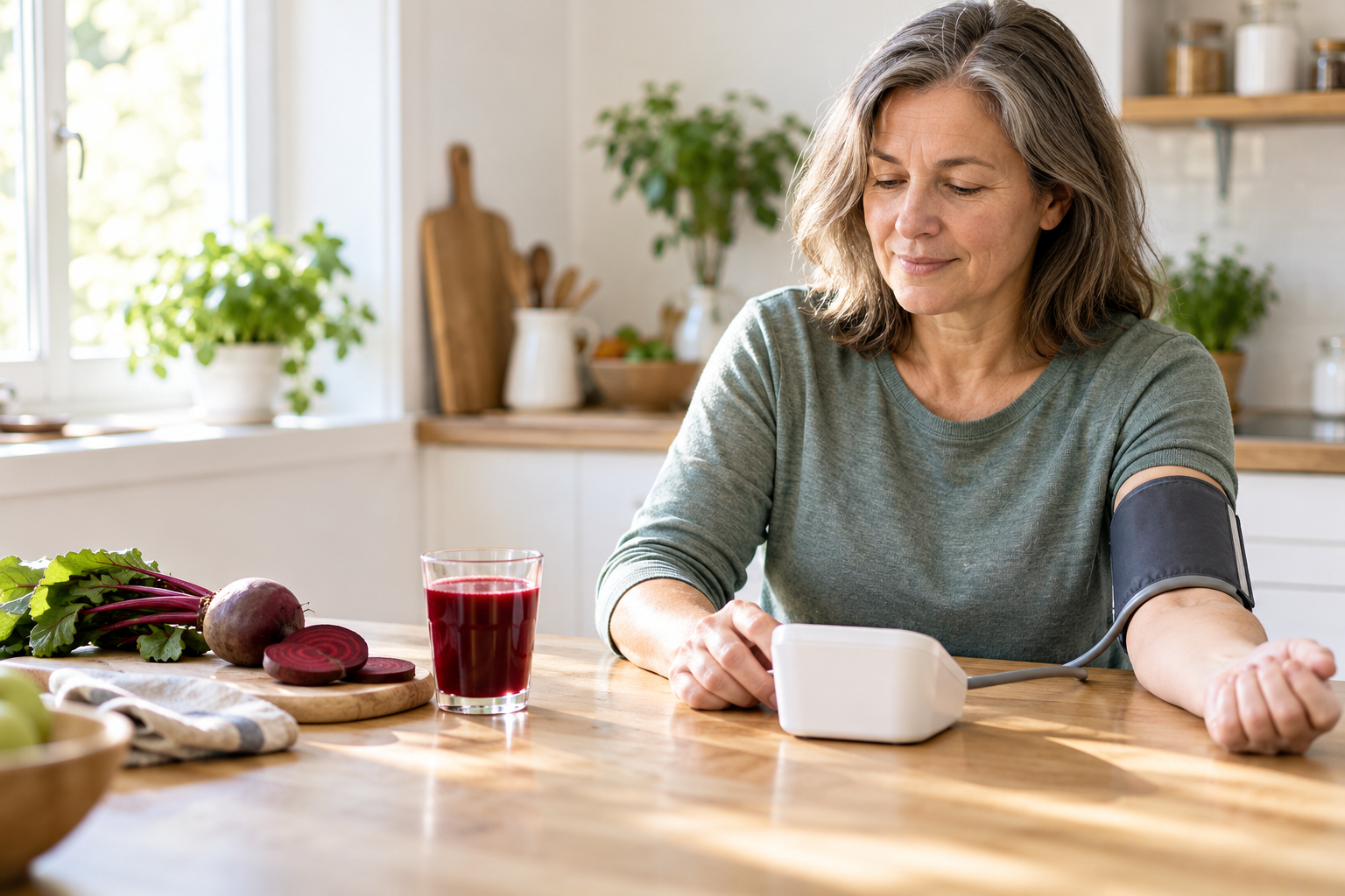 Woman checks her blood pressure at home