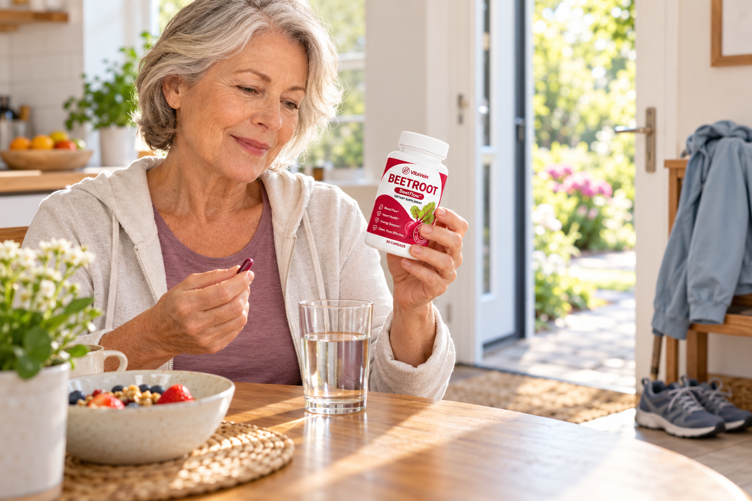 An older woman holds a VitaVein Beetroot bottle at home