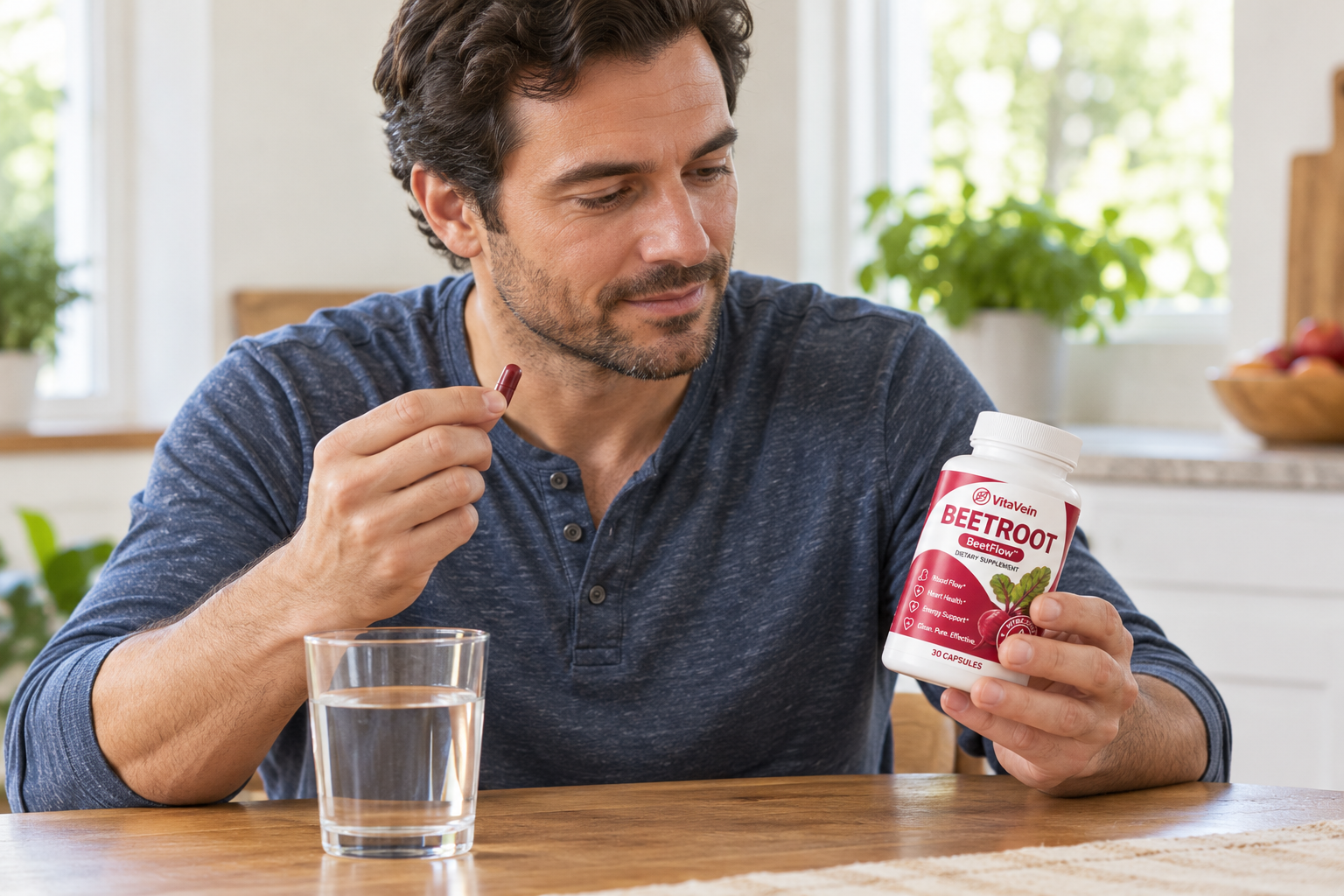 a man holds VitaVein Beetroot capsules beside a glass of water.