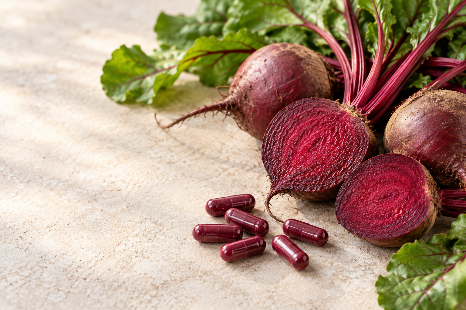 Beetroot roots and capsules illustrate an article about dietary nitrate
