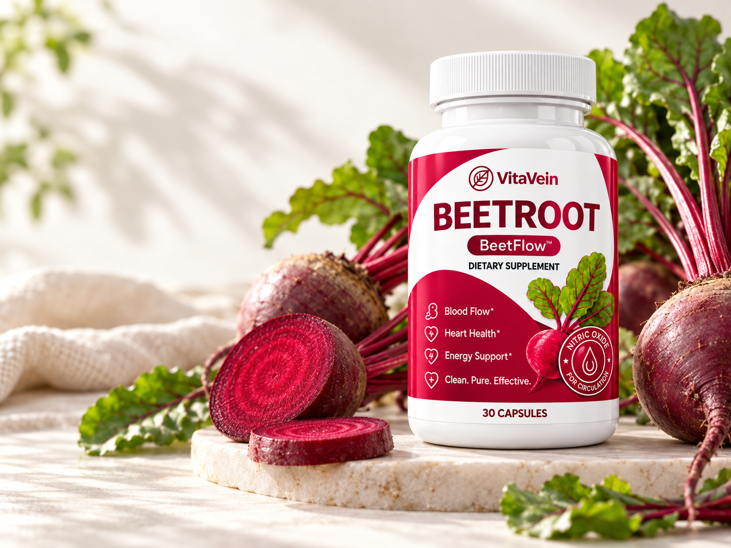 A bottle of VitaVein Beetroot dietary supplement capsules sits on a stone surrounded by fresh, sliced beets.