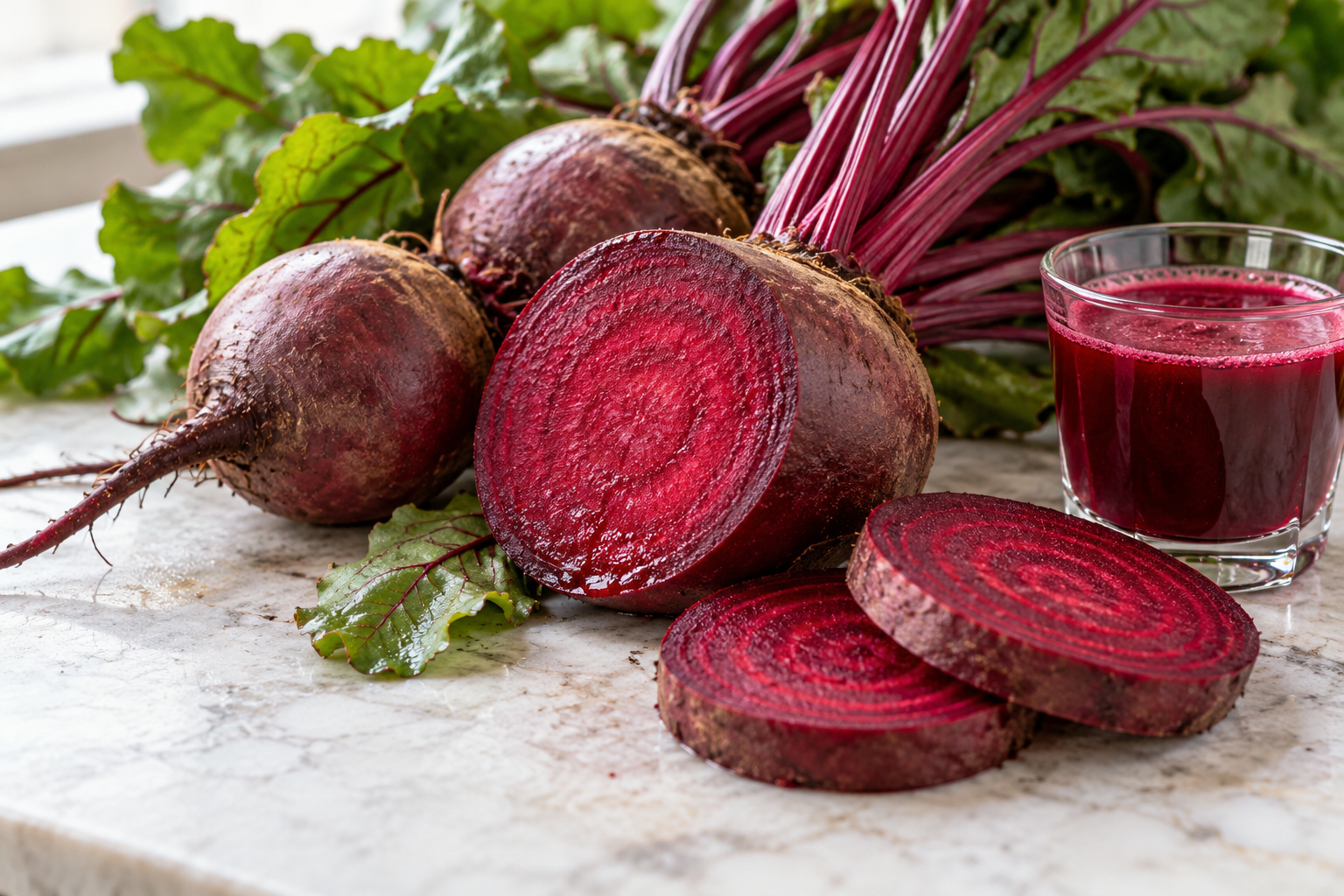 beetroot roots and juice pictured nearby.