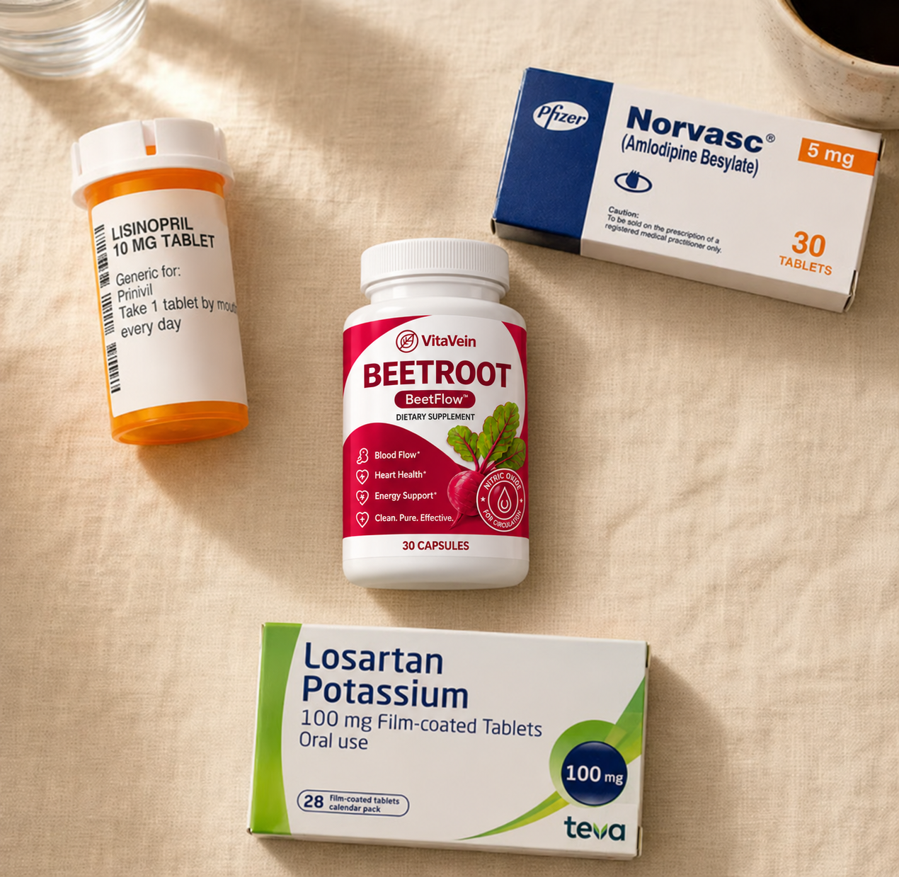 VitaVein Beetroot capsules shown beside blood pressure medications