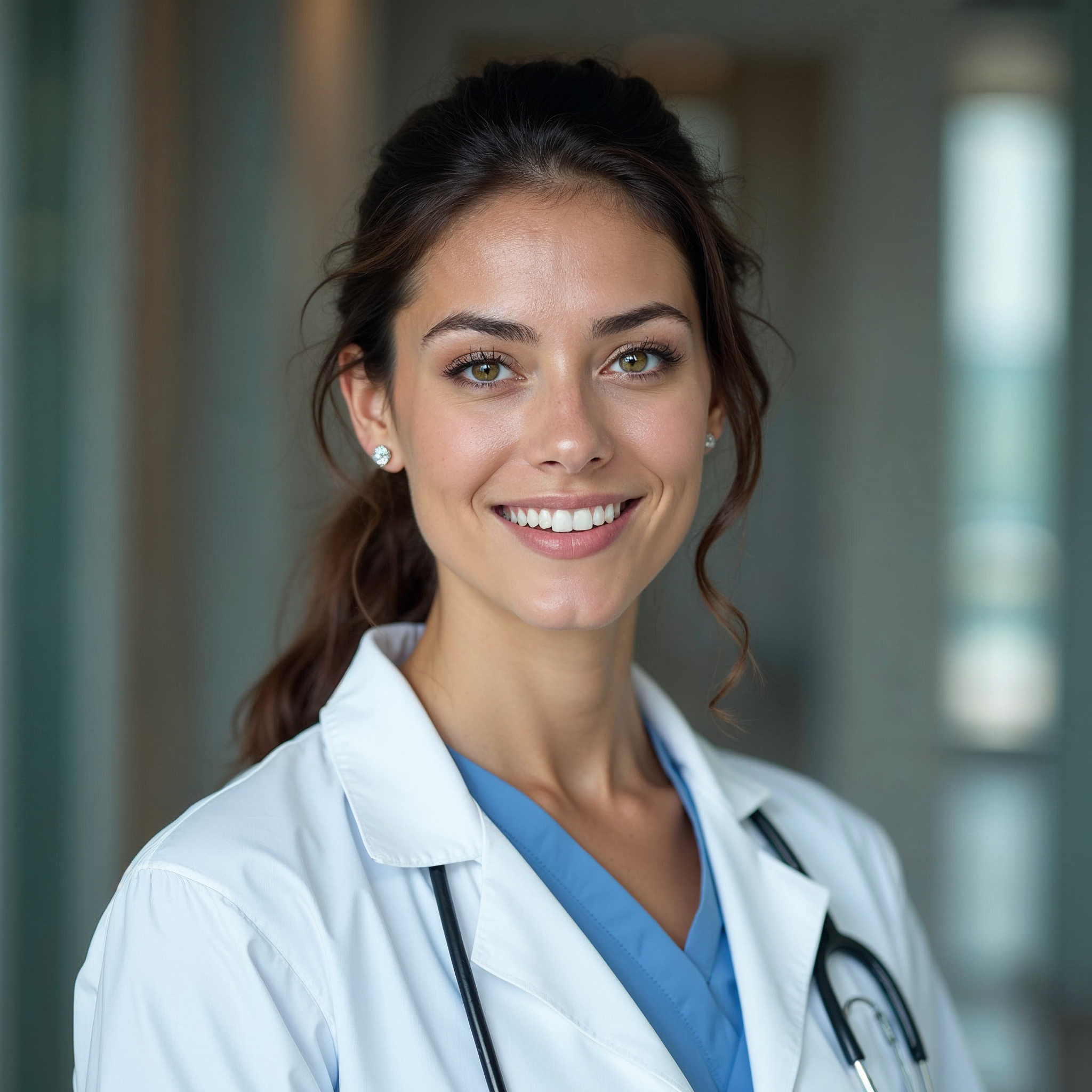 Smiling woman in a white coat with a stethoscope, standing indoors.