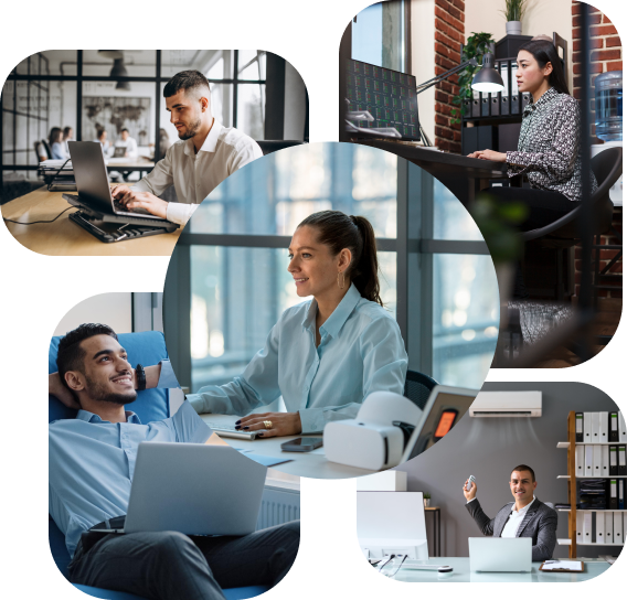 Collage of five people working on laptops in different office settings.
