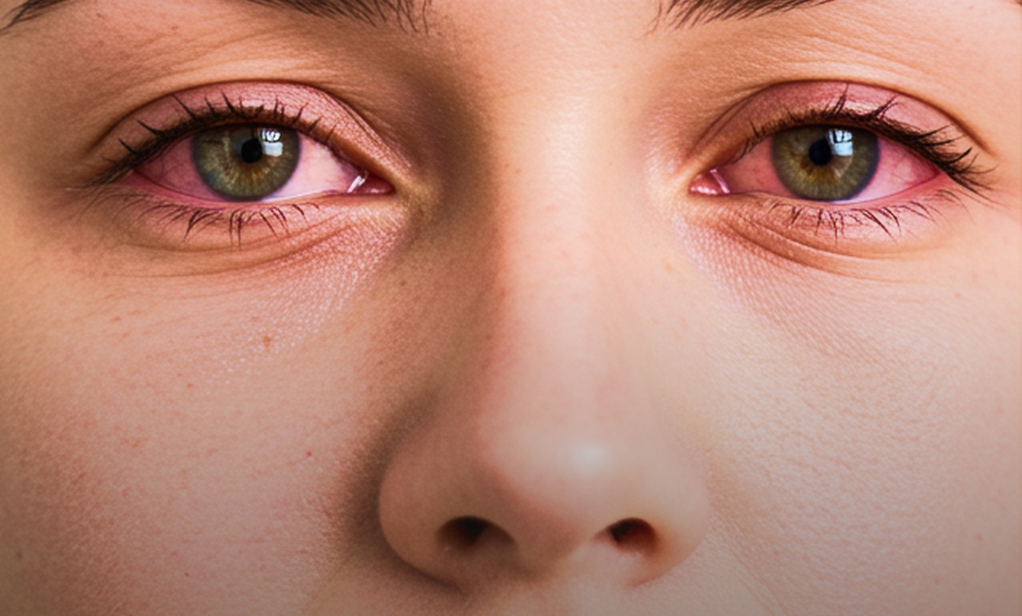 Close-up of a person's eyes with red, irritated eyelids.