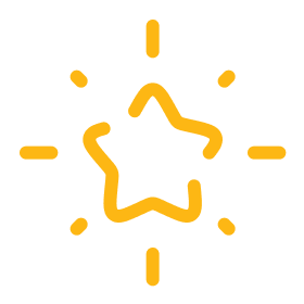 Yellow star icon with radiating lines on a white background.