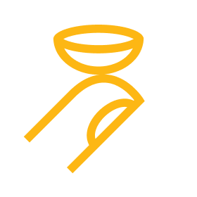 Yellow line drawing of a hand holding a contact lens.