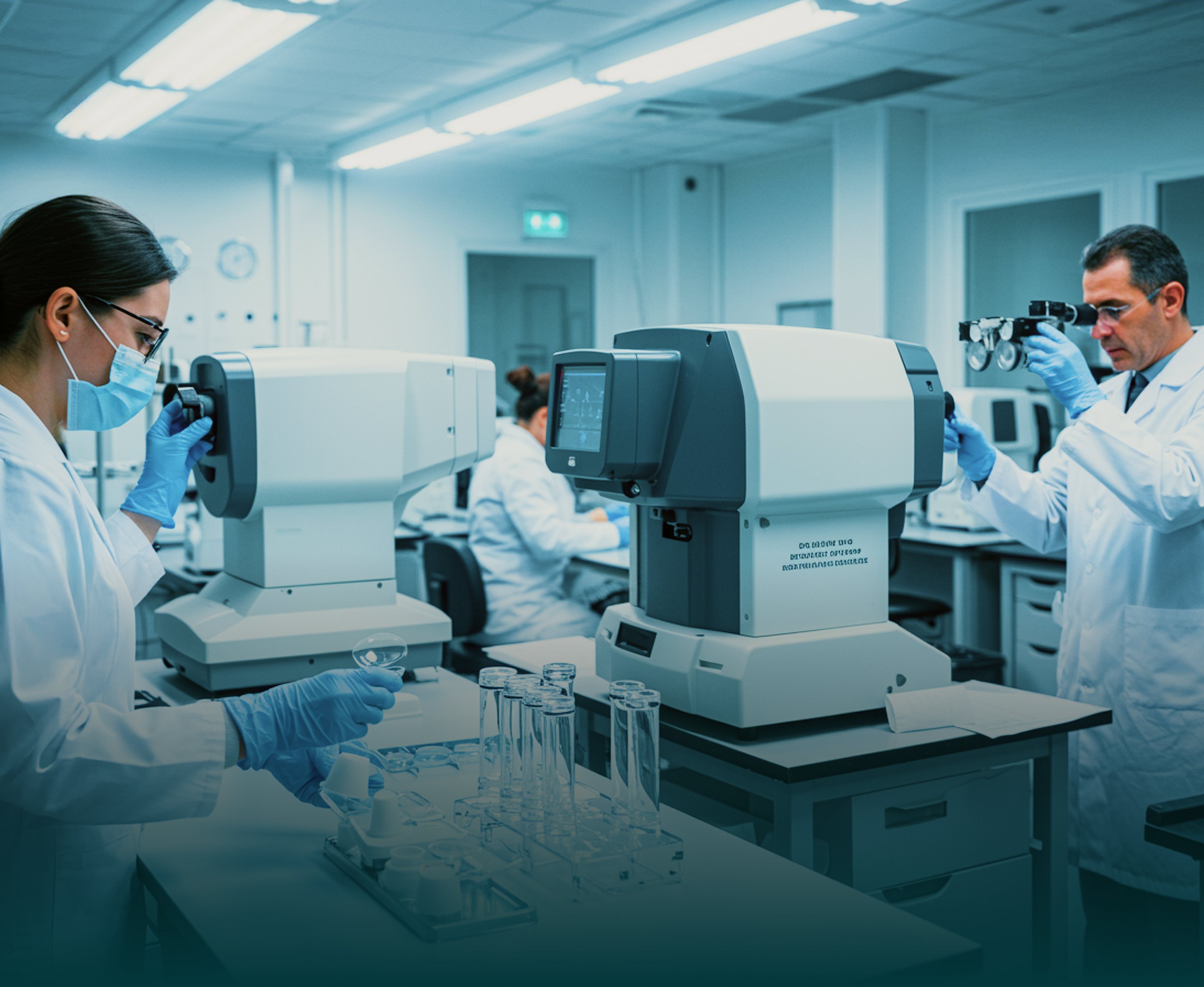 Scientists in a laboratory using advanced optical equipment and wearing lab coats and masks.