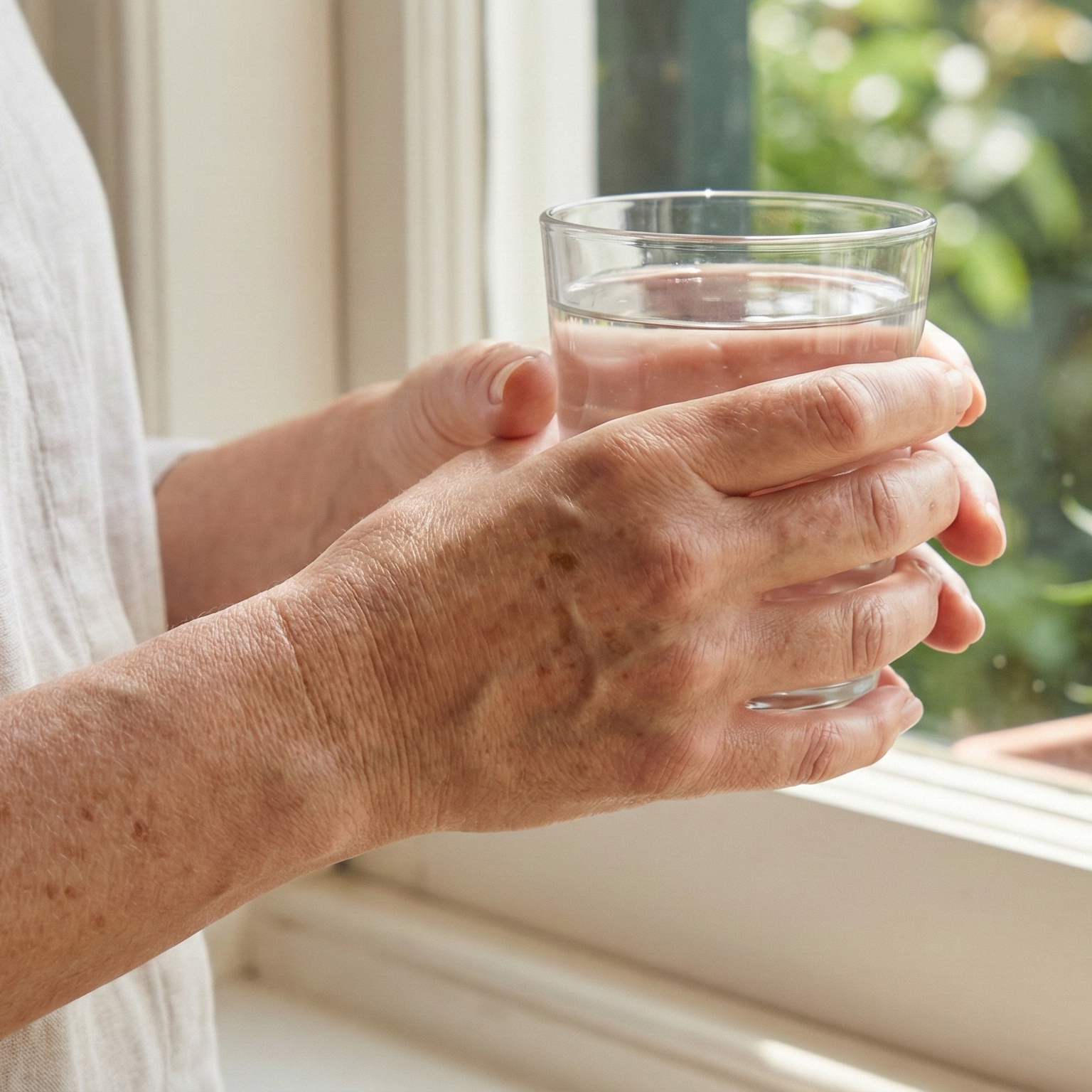 An older person's hands holding a glass of water while standing in front of a window.
