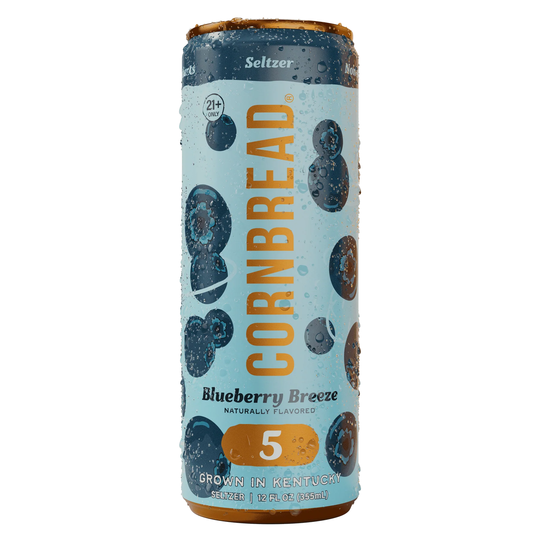 A can of Cornbread Seltzer Blueberry Breeze flavor on a green background.