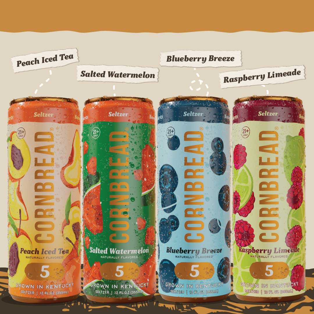 Four flavored seltzer cans: peach, watermelon, blueberry, raspberry.