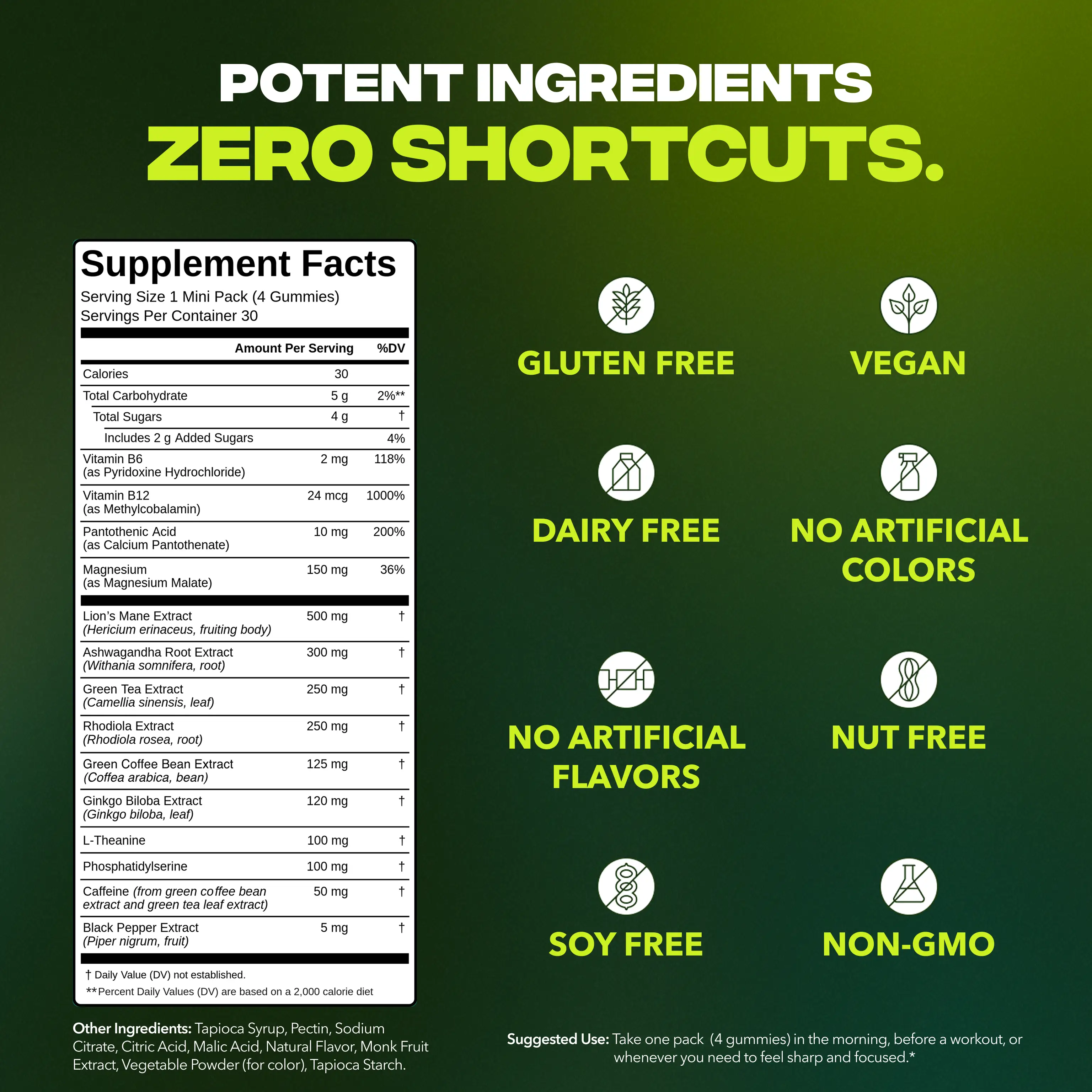 An image displaying the supplement facts and dietary information for a health product, listing its ingredients and claims.