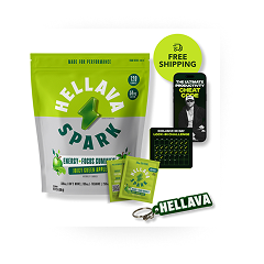 A pouch of Hellava Spark energy gummies with sample packets, a keychain, and other promotional items.