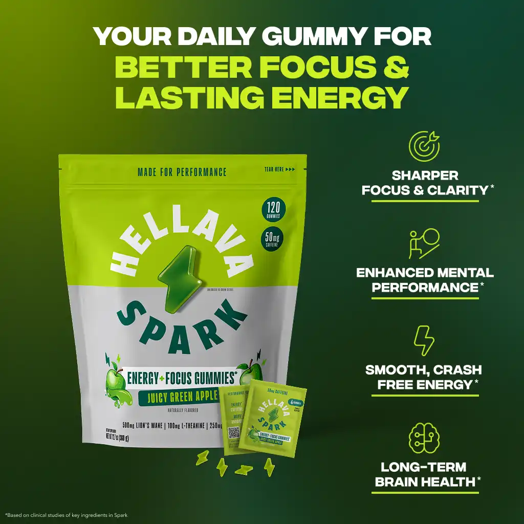 An advertisement for Hellava Spark energy gummies, showing the pouch and a list of benefits.