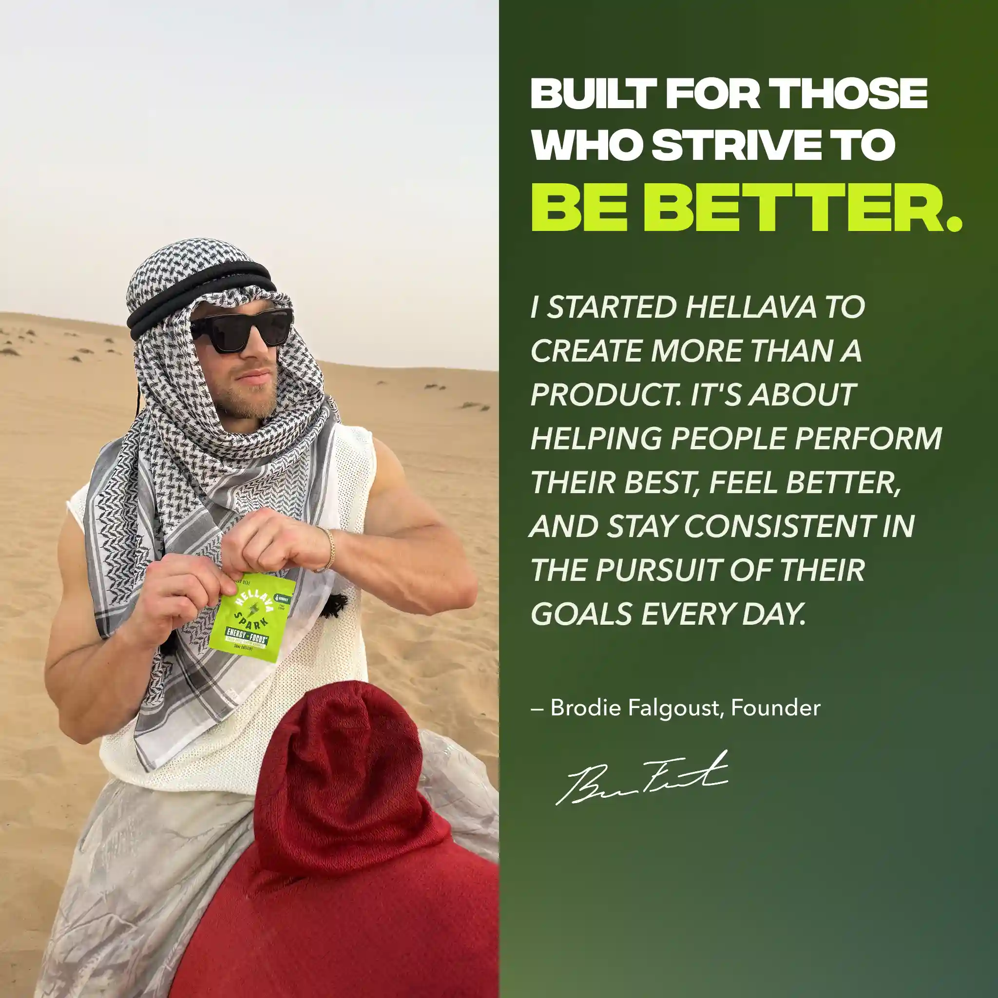 A man in a desert wearing a keffiyeh and sunglasses holds a packet of Hellava energy product.