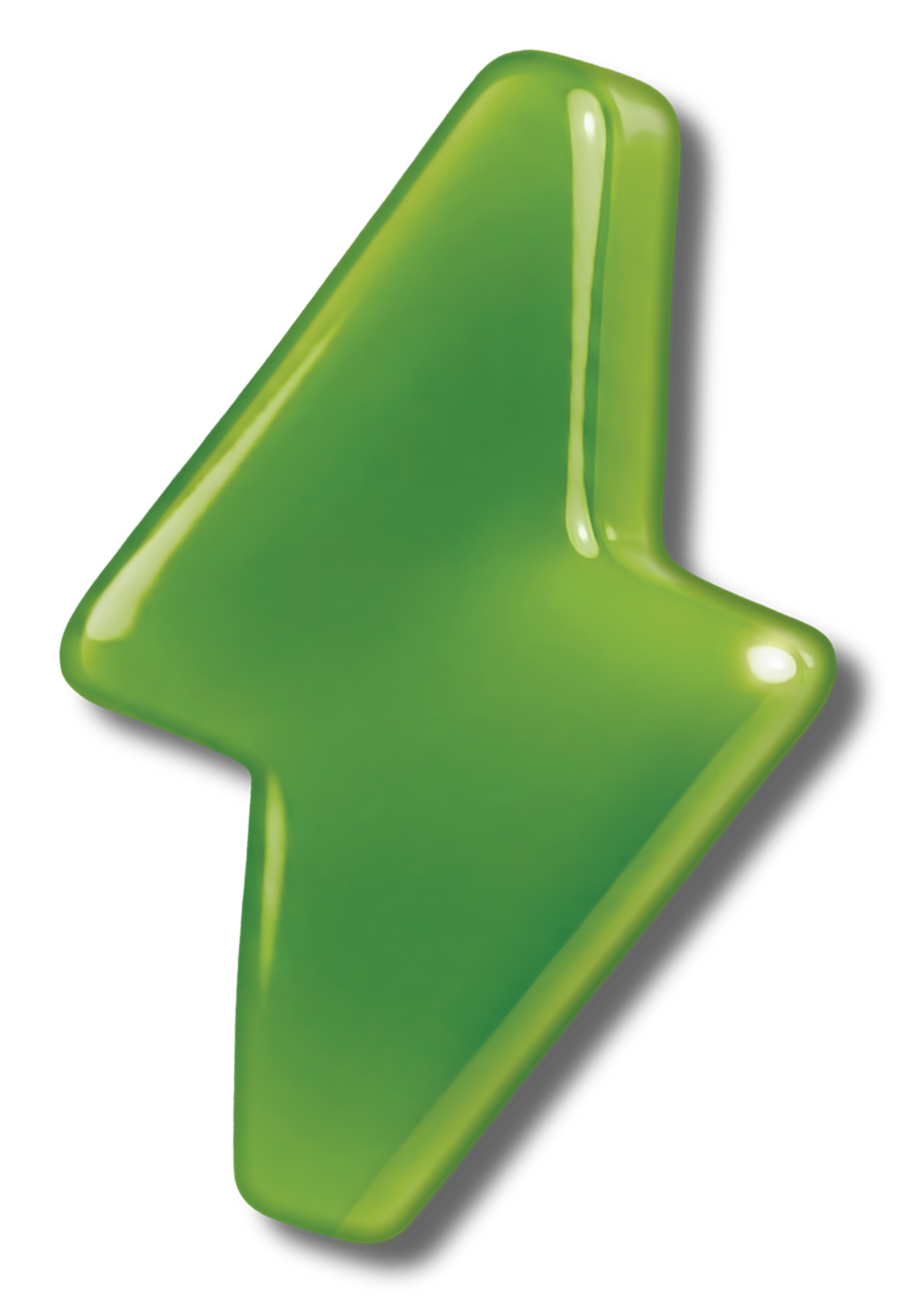 A glossy, 3D green lightning bolt icon with a soft drop shadow on a white background.