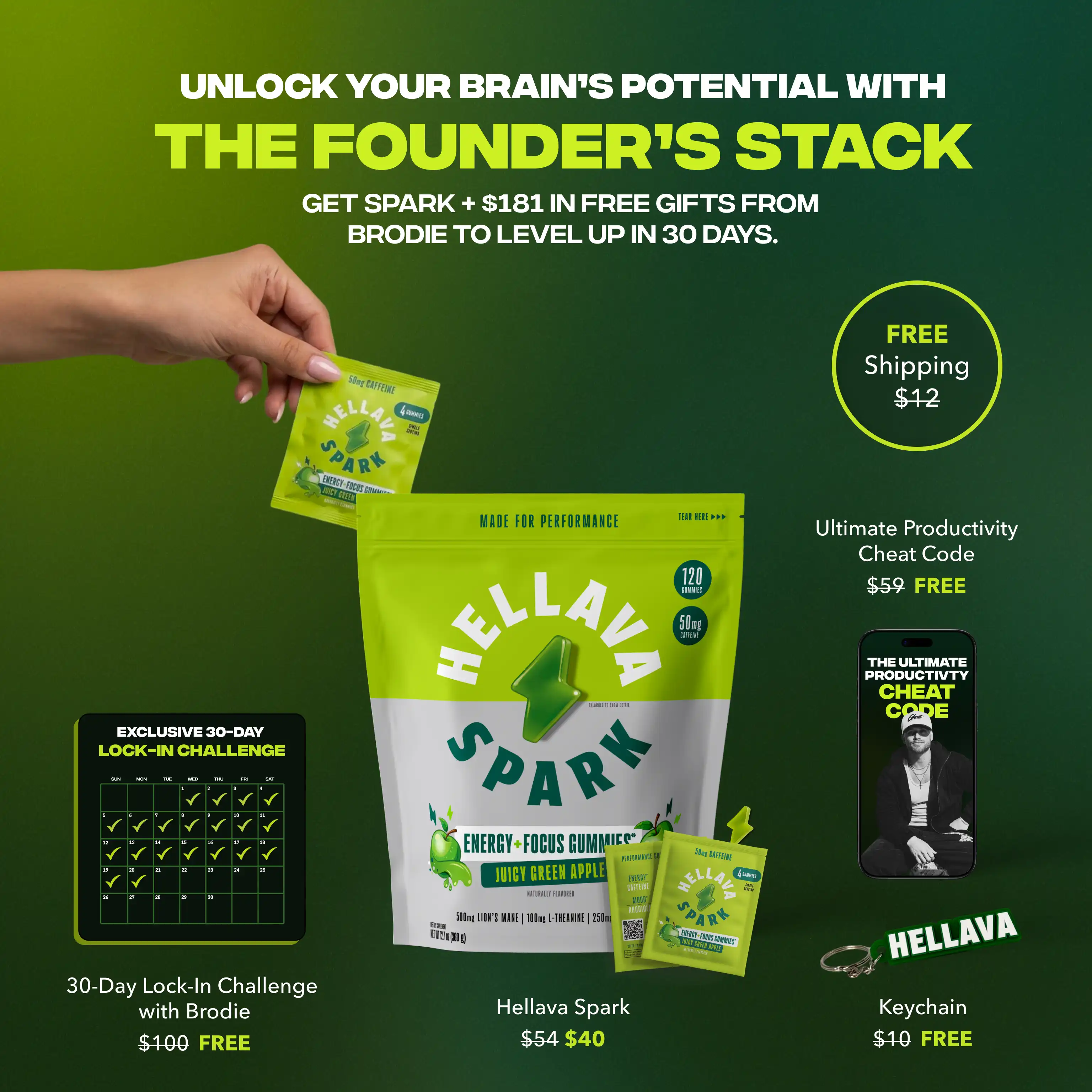 A promotional graphic for Hellava Spark energy gummies, showcasing the product and several free bonus items.