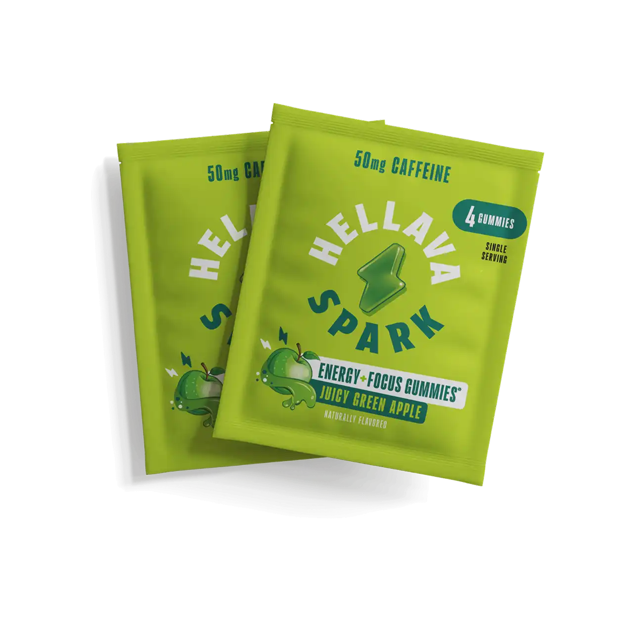 Two green single-serving pouches of Hellava Spark Juicy Green Apple energy gummies on a white background.