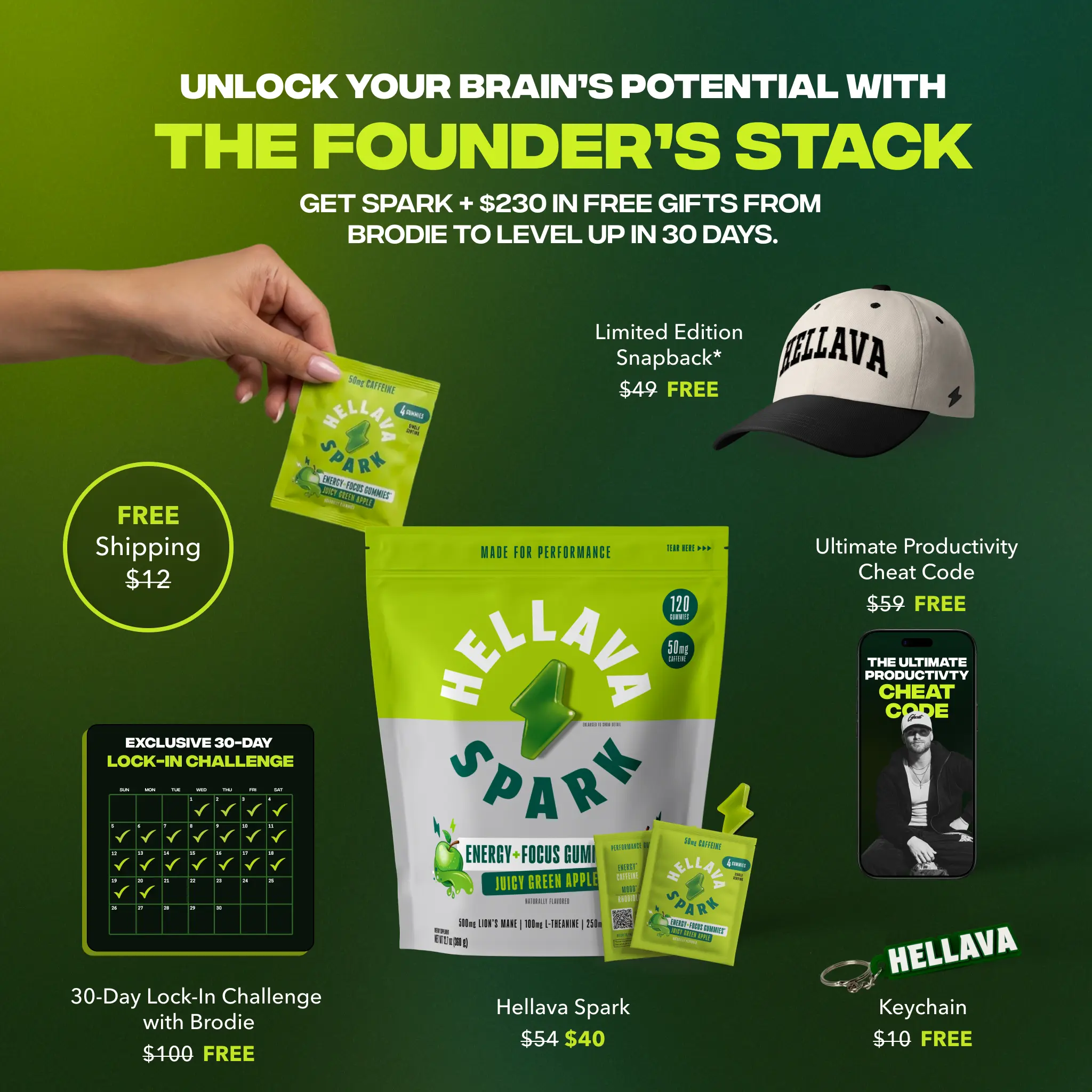 A promotional image for 'The Founder's Stack' bundle, featuring various products like gummies, a hat, and a keychain.