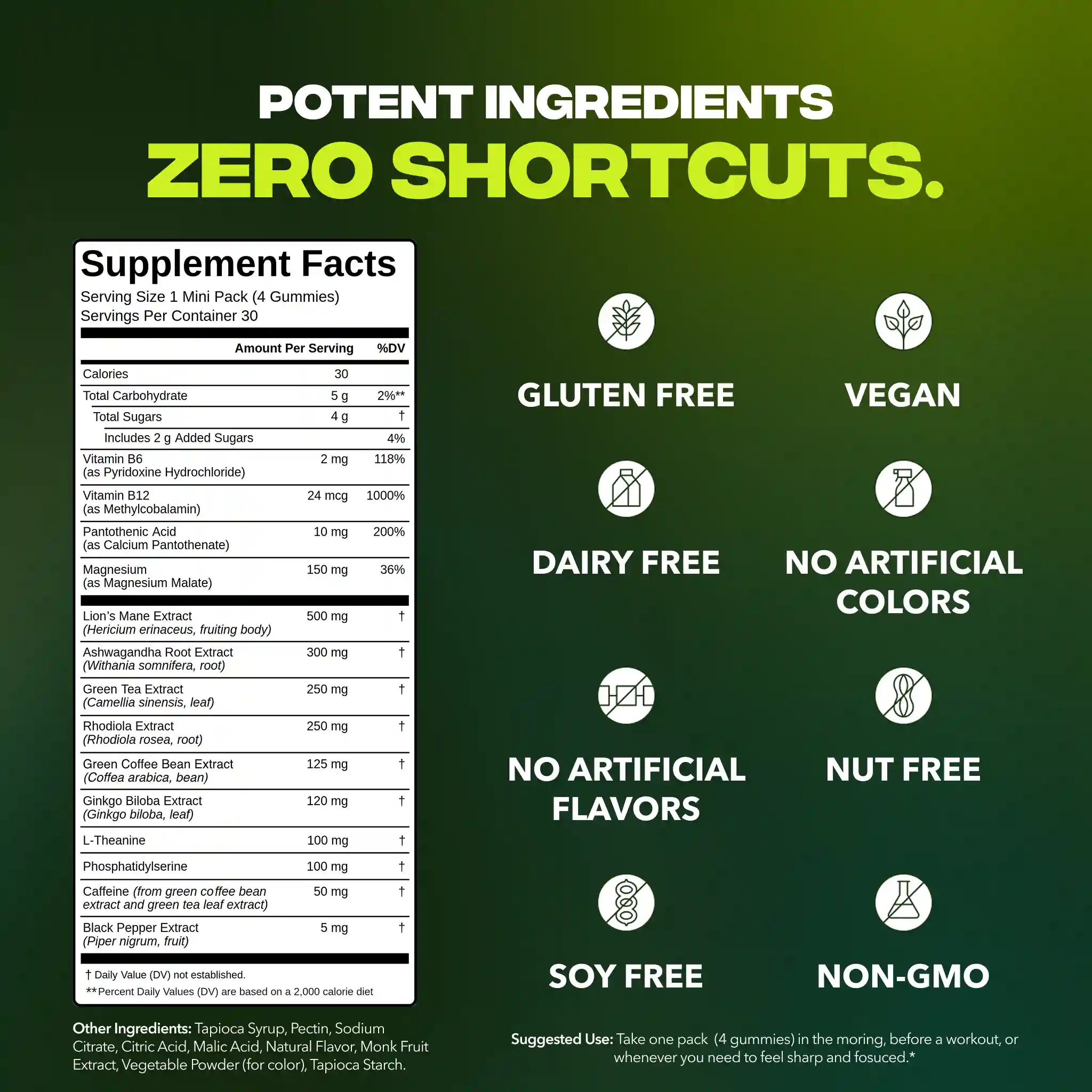 A graphic showing the supplement facts, ingredients, and key features like gluten-free and vegan for a gummy product.