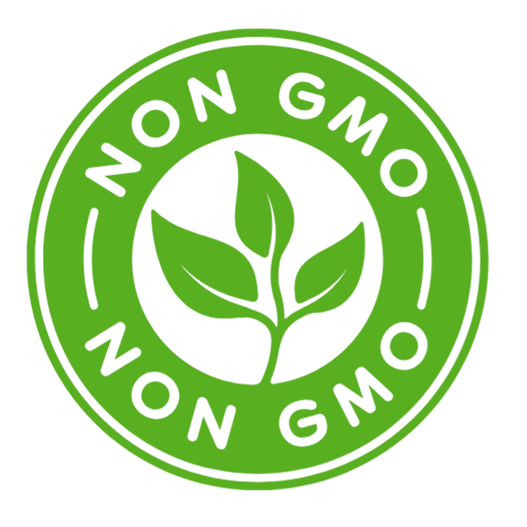 Green 'Non GMO' stamp with leaves inside the circle.