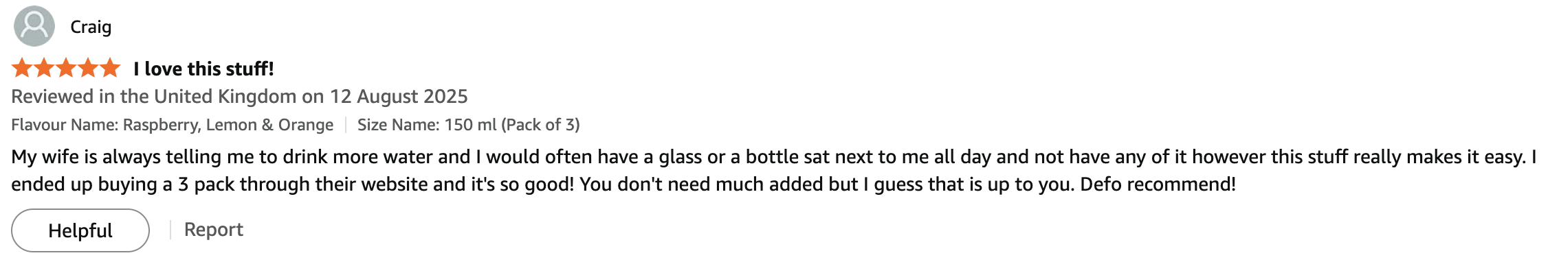 Product review with five-star rating and positive feedback.