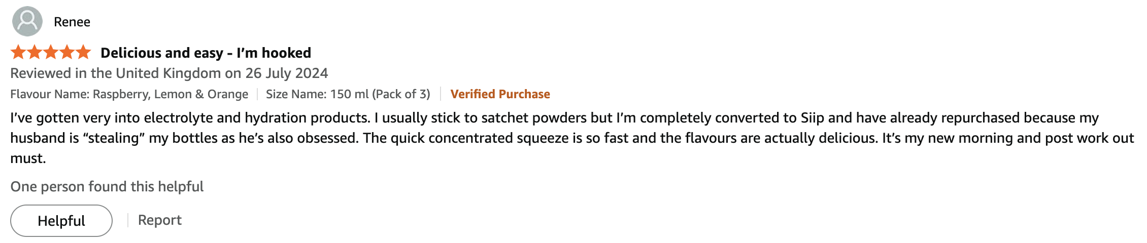 Five-star product review for electrolyte drink with detailed text description.